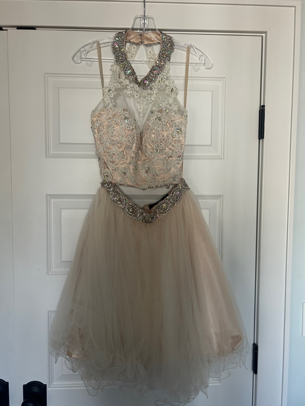 Embellished Two-Piece Halter Prom Dress in Blush